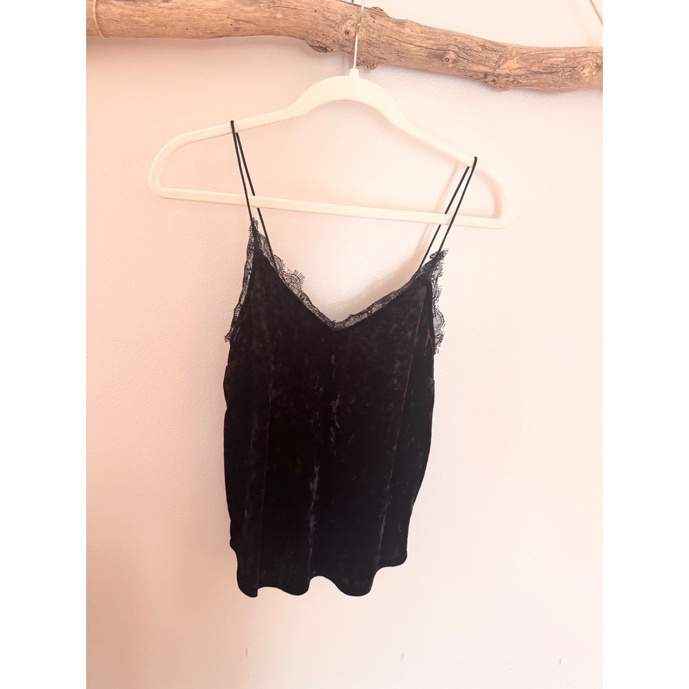 Kimchi Blue Black Crushed Velvet Lace Trim Cami Spaghetti Strap Tank Top Small